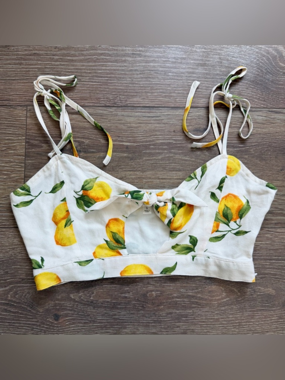 Wild Honey Crop Top Bralet Women’s Lemon Print Tie Straps Ivory Size Small